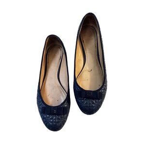 Tory Burch Marion Quilted Navy Blue Leather Bow Detail Ballet Flats 8.5